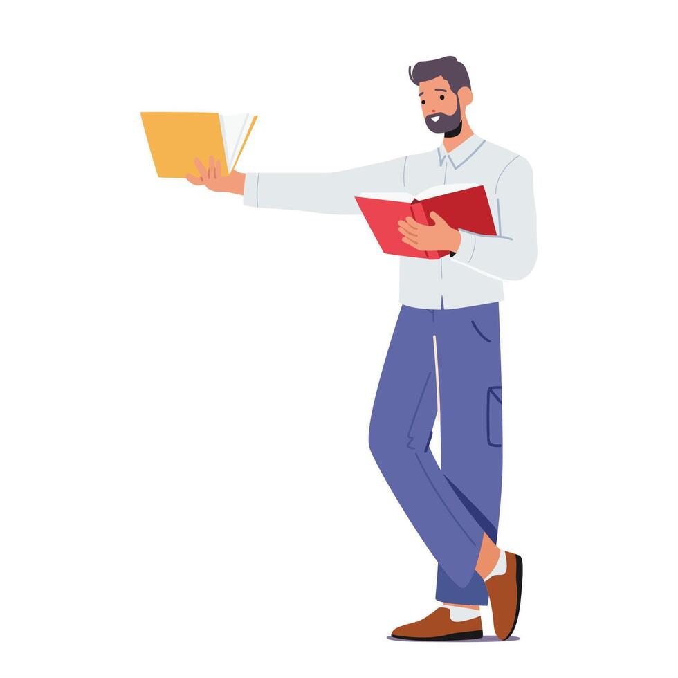 Man Swaps Books With Another, Male Character Exchanging Worlds And Stories In A Simple Act Of Sharing And Curiosity vector