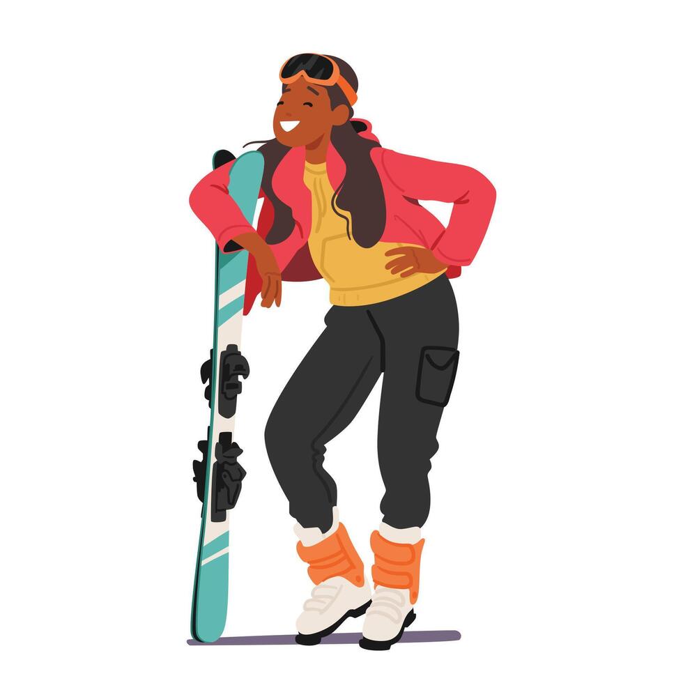 Confident Girl Snowboarder Strikes A Dynamic Pose With Board In Hands Isolated On White Backdrop, Illustration vector