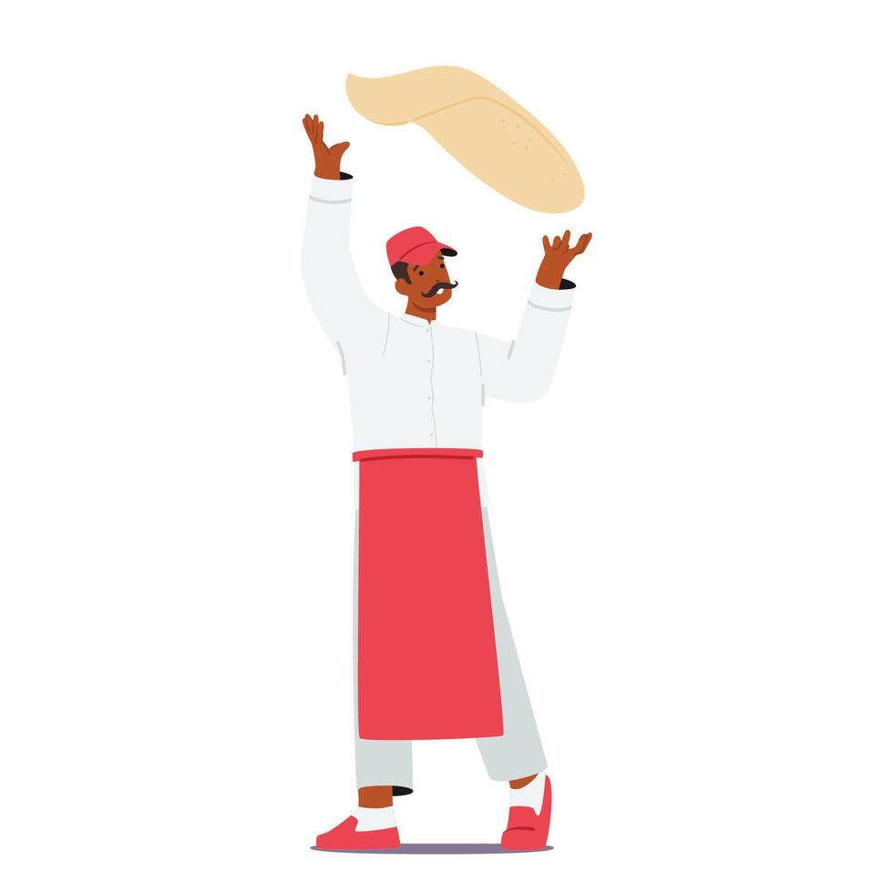 Masterful Chef Character Twirls Pizza Dough With Finesse, Creating A Culinary Spectacle. Flour Dances In The Air vector