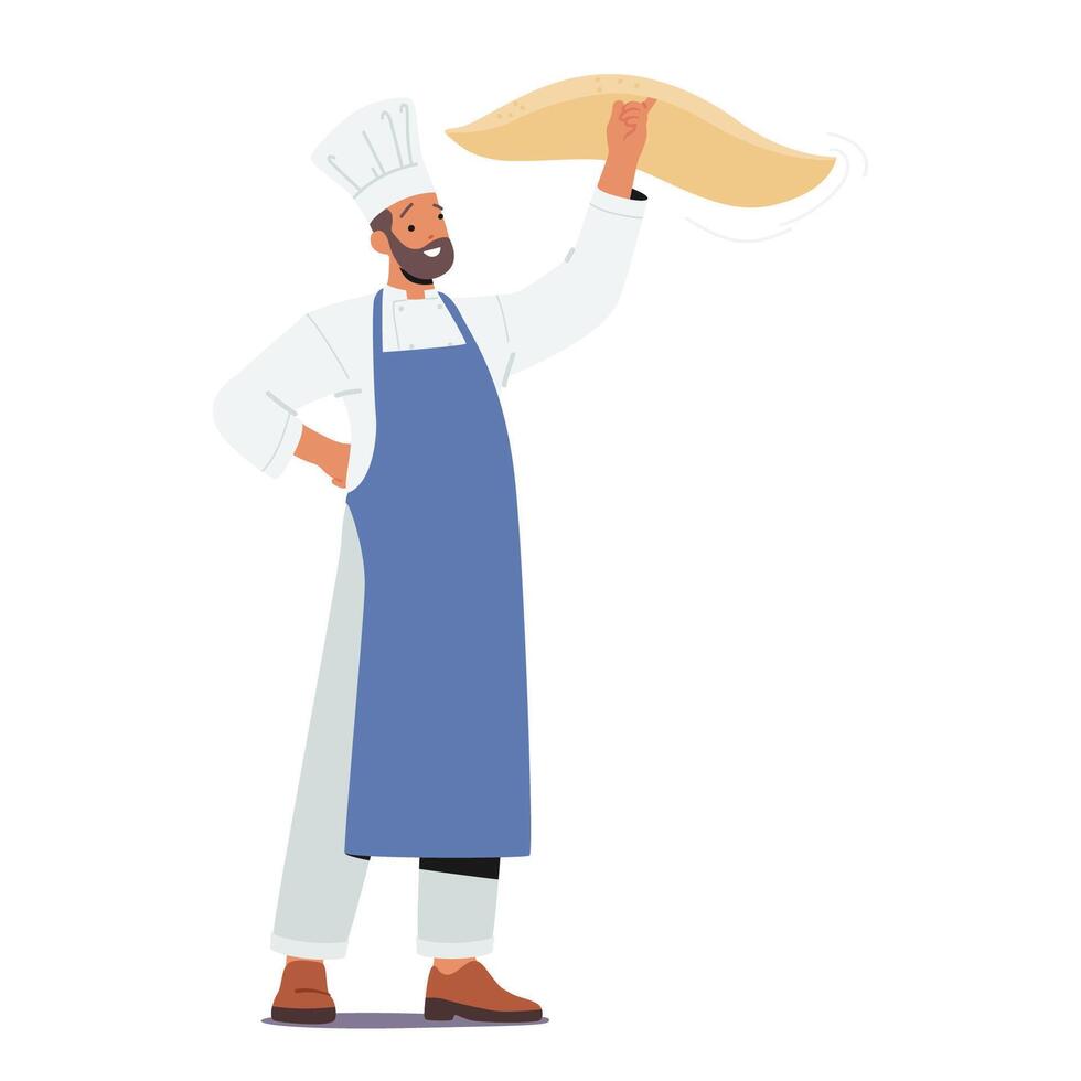 Skilled Chef Character Twirls Pizza Dough With Finesse Creating A Mesmerizing Spectacle Of Culinary Artistry, vector