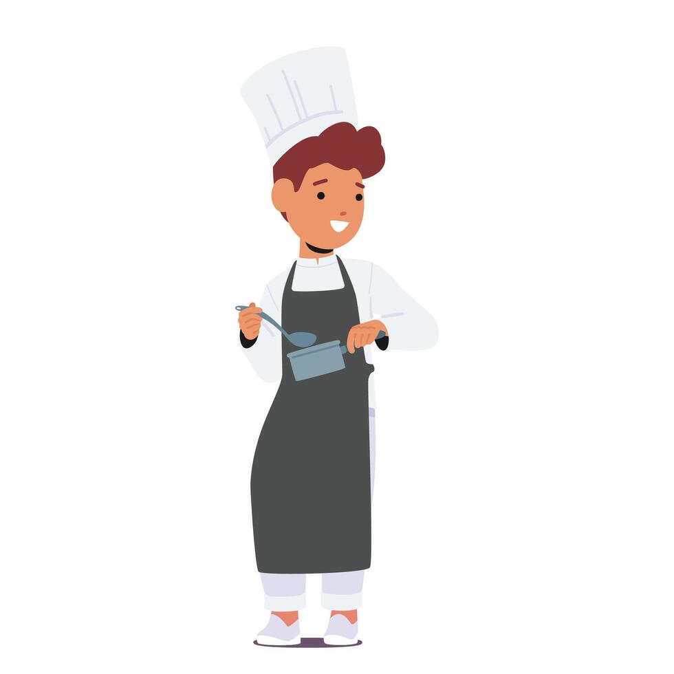Young, Aspiring Chef Boy Character In Apron And Toque, Joyfully Exploring The Culinary World, Mixing Ingredients vector
