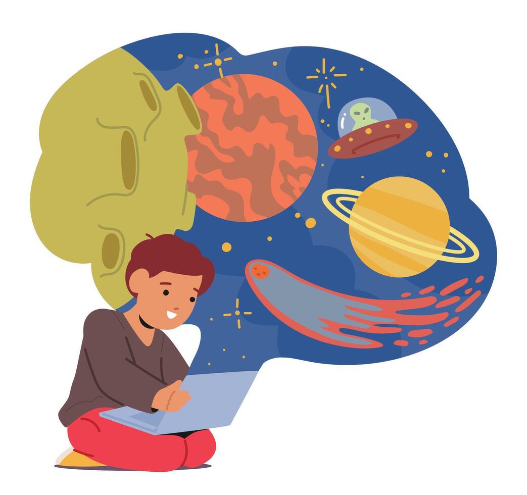 Curious Kid Boy Sits Engrossed With Laptop, Exploring A Virtual Learning Space Filled With Educational Wonders vector