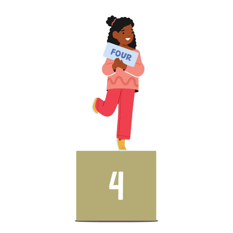 Grinning Happily, Young Child Girl Holds Up The Number Four, Embodying Progress In Math Learning, And Developing vector