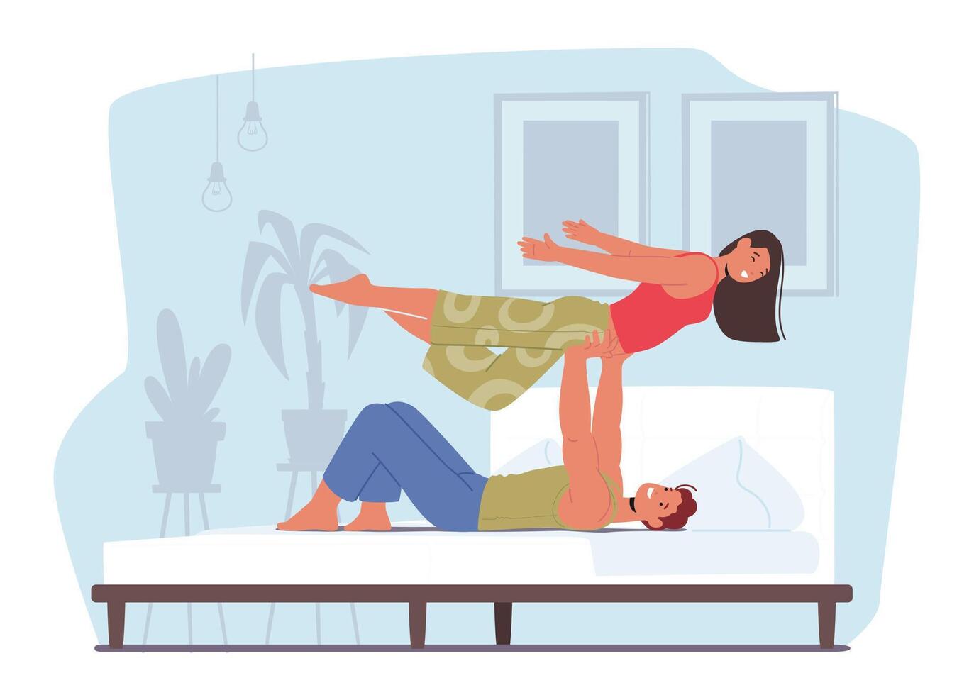 Couple Engages In Acro Yoga Poses In Mesmerizing Display Of Balance And Trust, Creating A Harmonious Fusion Of Strength vector