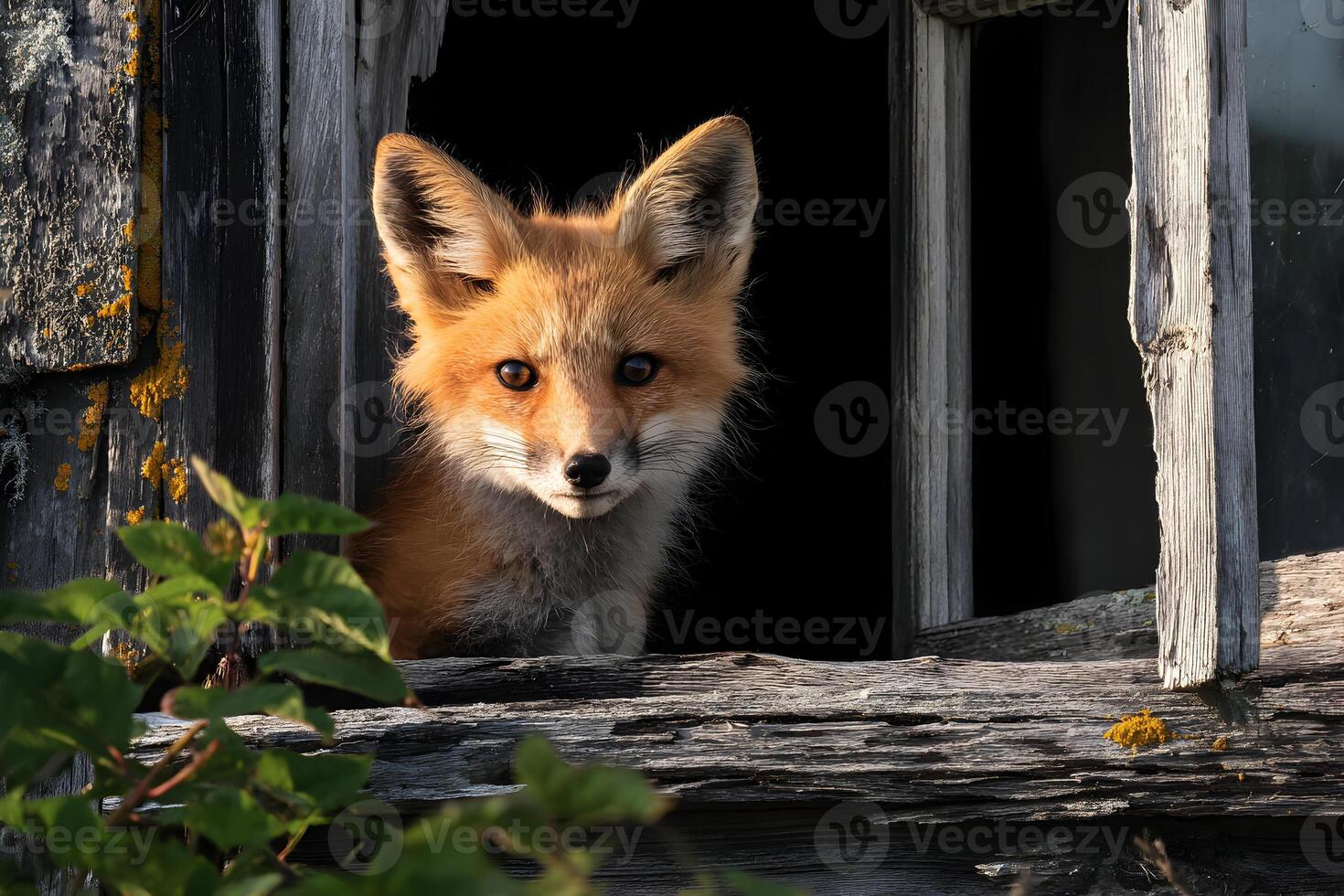 Alert fox peers cautiously from a weathered window frame within a rustic wooden structure photo