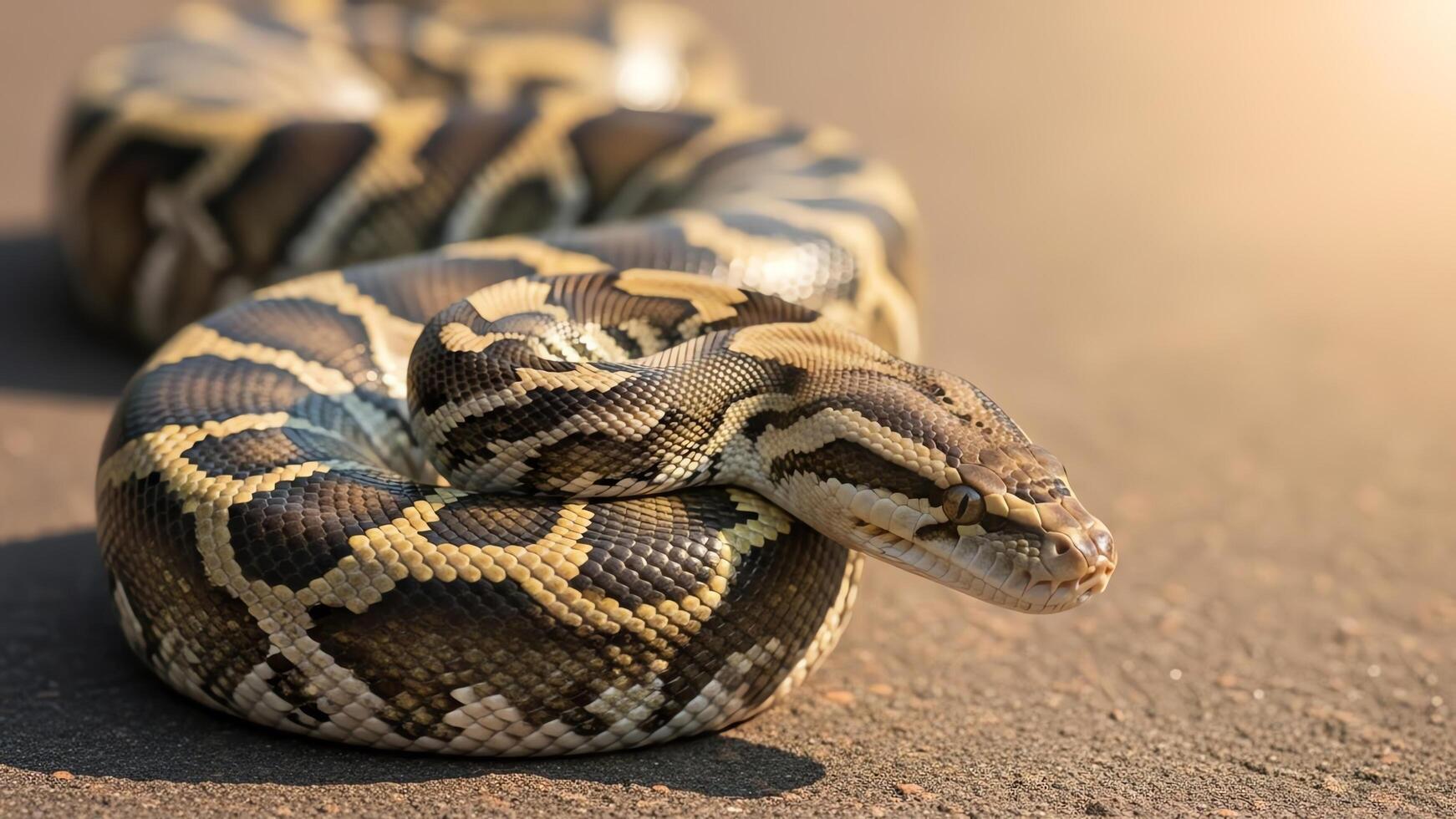 Close-up of a coiled python snake with intricate patterned scales on a neutral background photo
