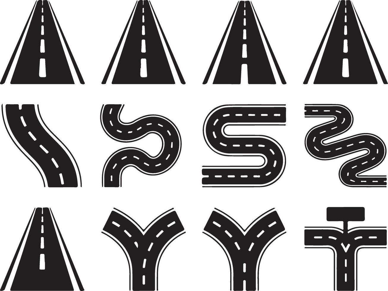 Set of road path way direction linear icons such as curve and intersection vector