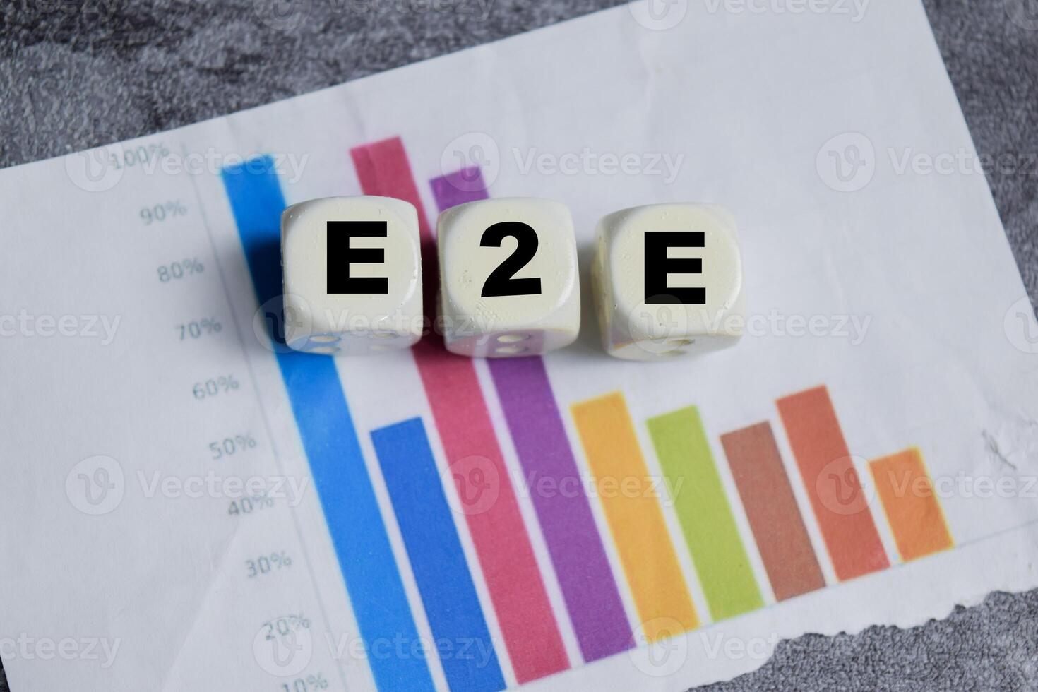 E2E text stacked wooden cubes on the table. End-to-end process, process, integration and efficiency workflow photo