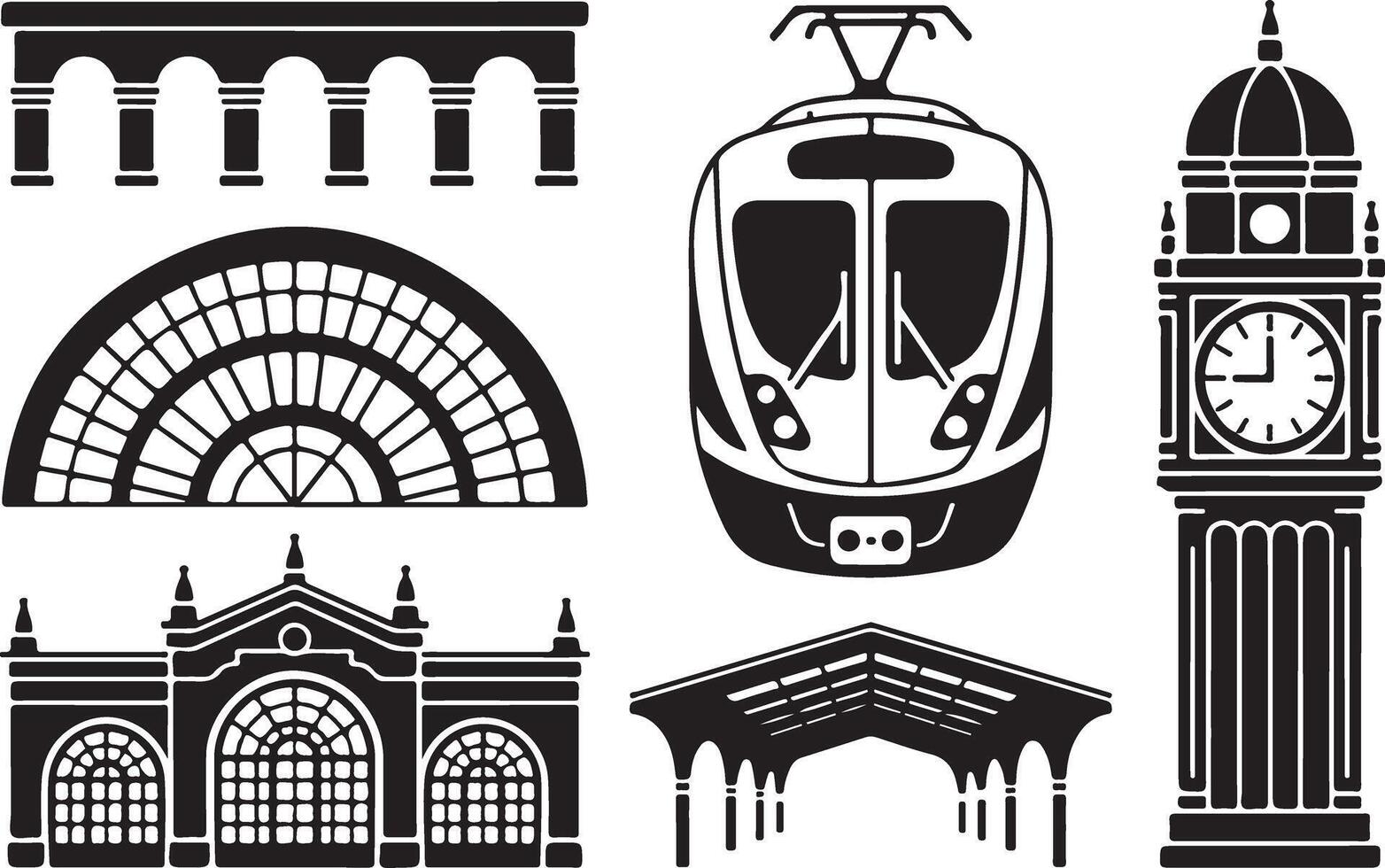 Set of architectural linear icons such as buildings and train isolated on white vector