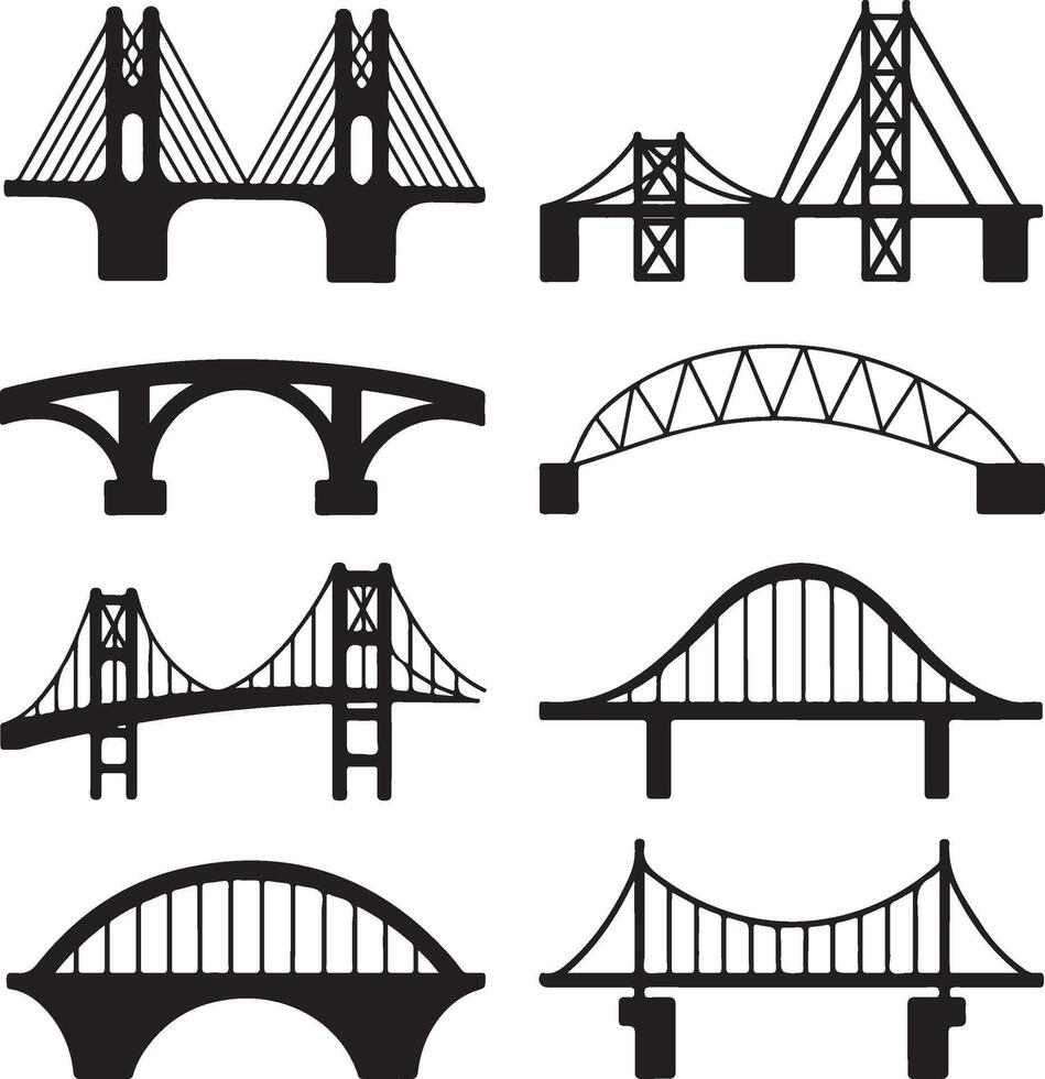 Collection of Different Types of Bridge Silhouettes on Checkered Pattern Background vector