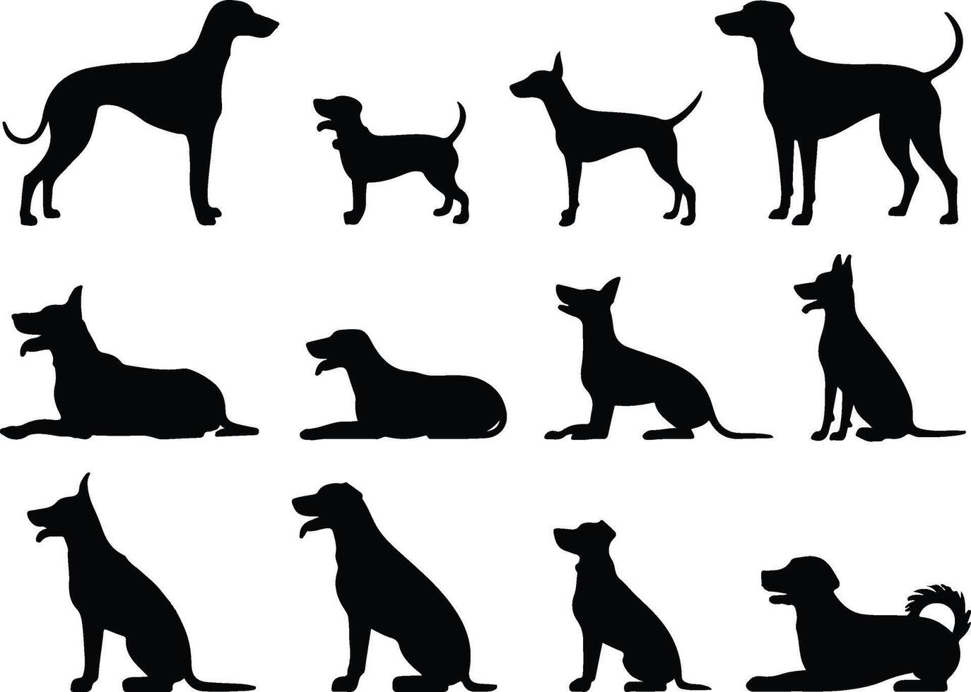 Collection of dog silhouette in different poses set on light gray check pattern vector