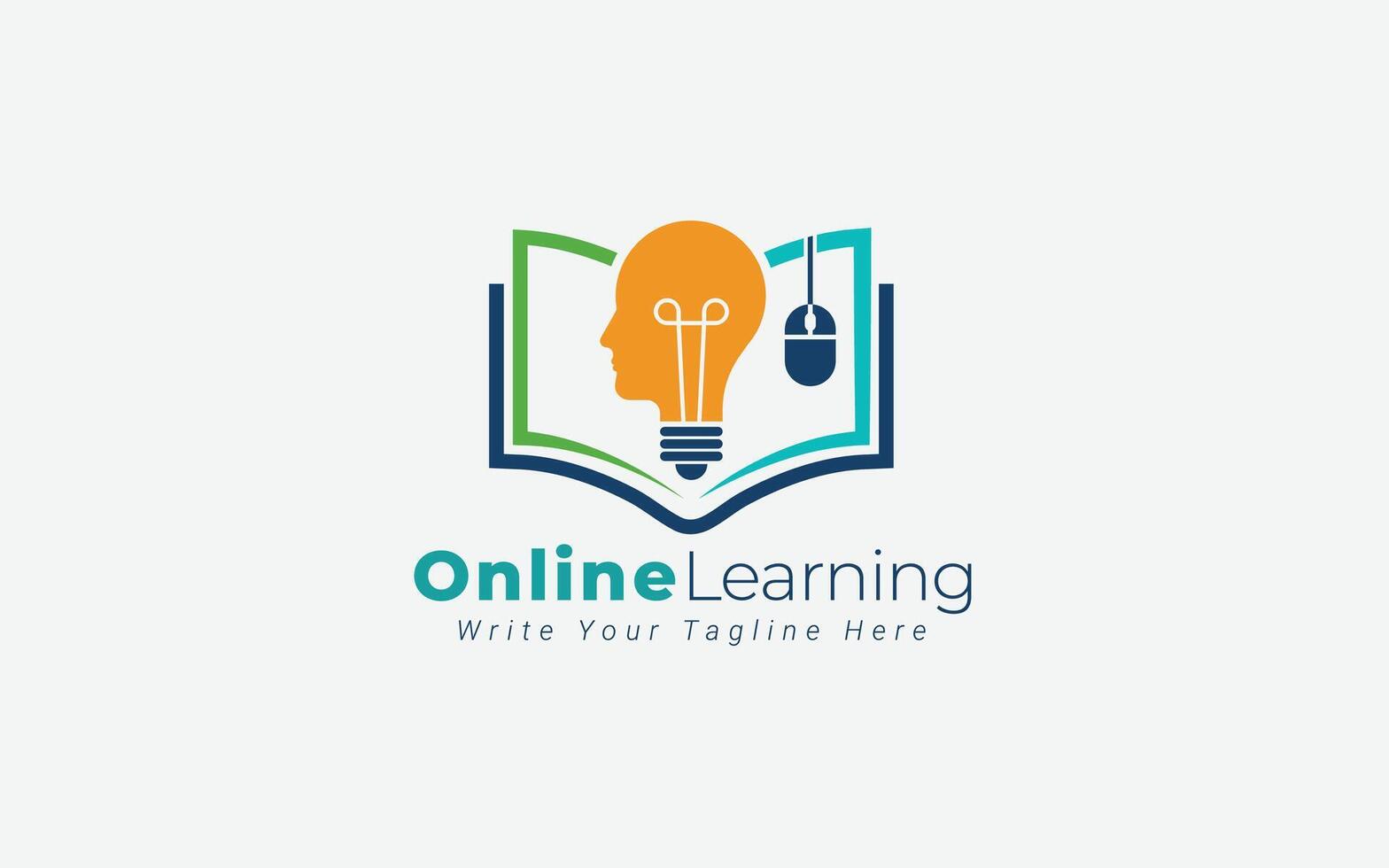 Creative Online Learning Logo Illustration, Lightbulb Head and Computer Mouse on Open Book Design vector