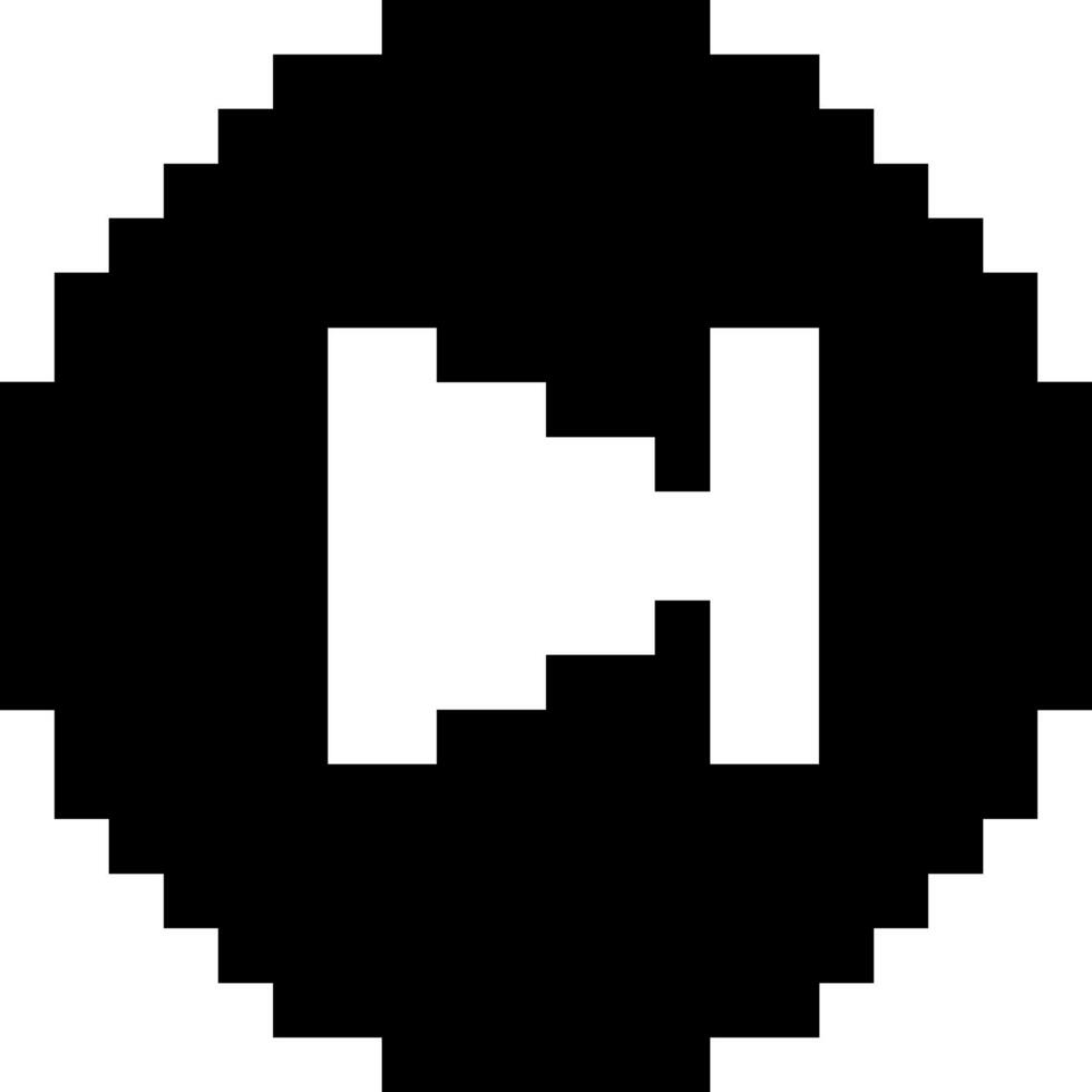 Monochrome pixelated fast forward button icon. Simple black and white retro gaming symbol for next, skip, or continue action in a digital user interface vector