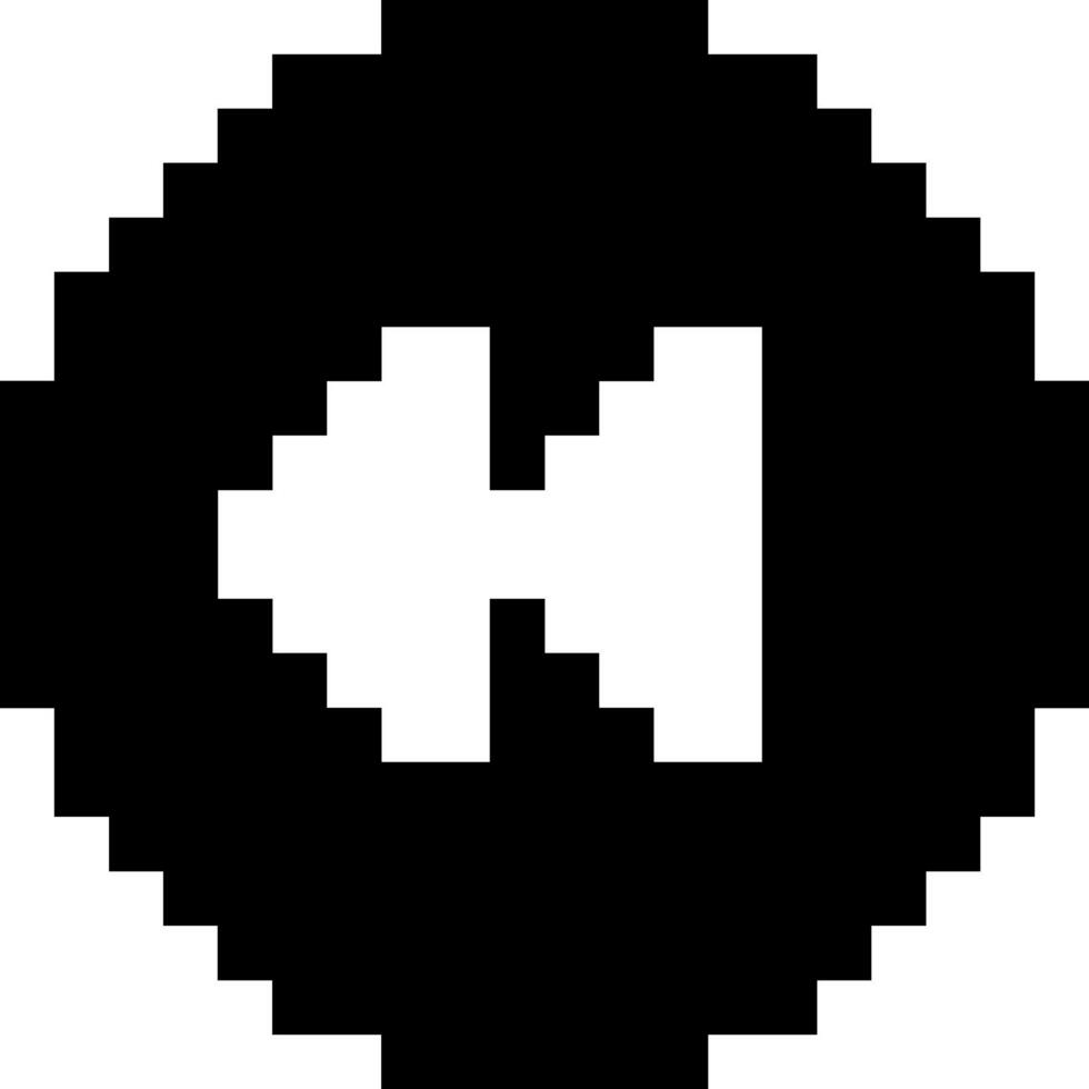 Pixelated rewind icon in black and white, representing a previous track or media navigation button for retro digital interfaces and game design vector