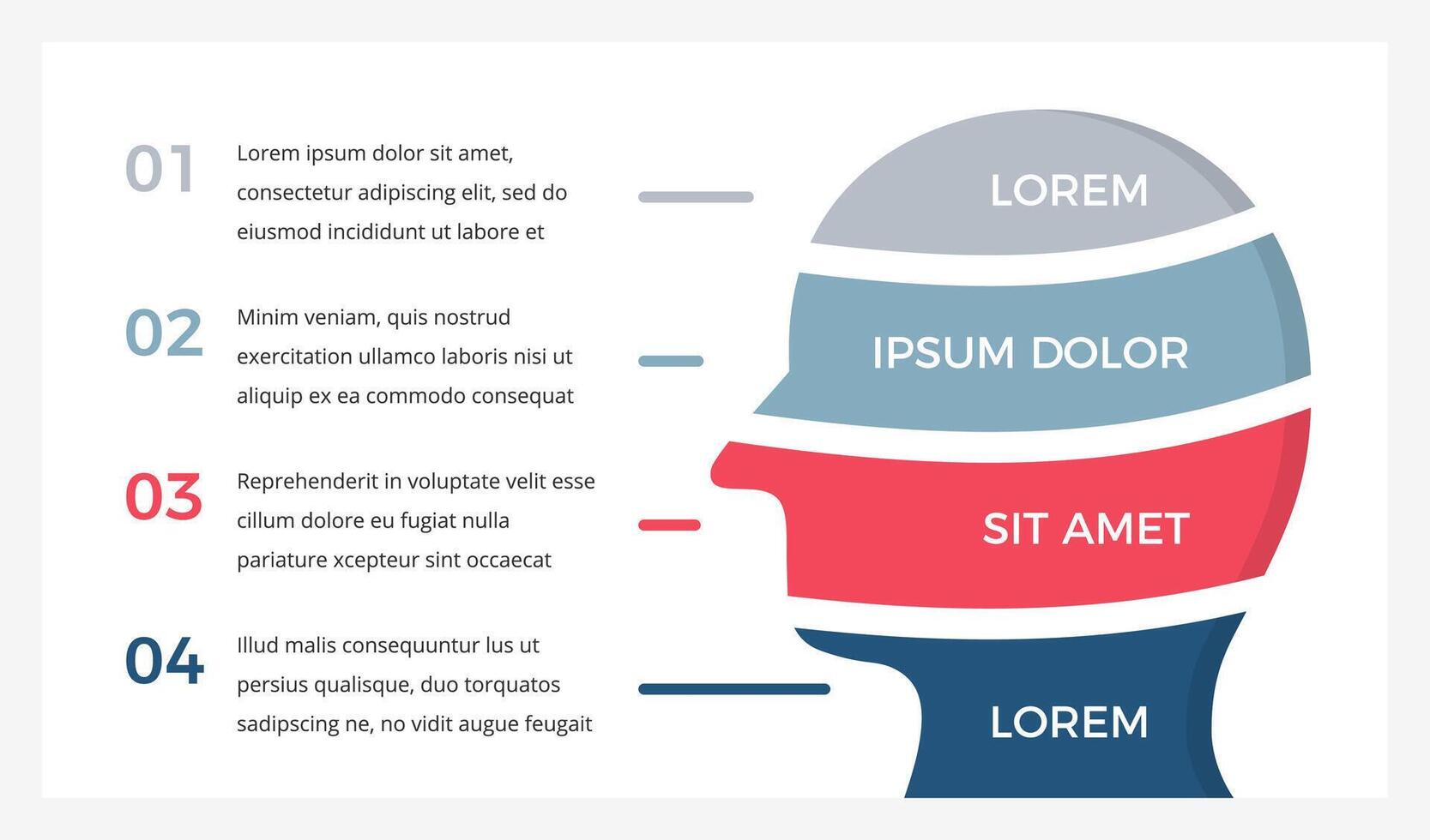 Infographic template with a male head divided into 4 distinct parts representing different aspects or categories of information vector