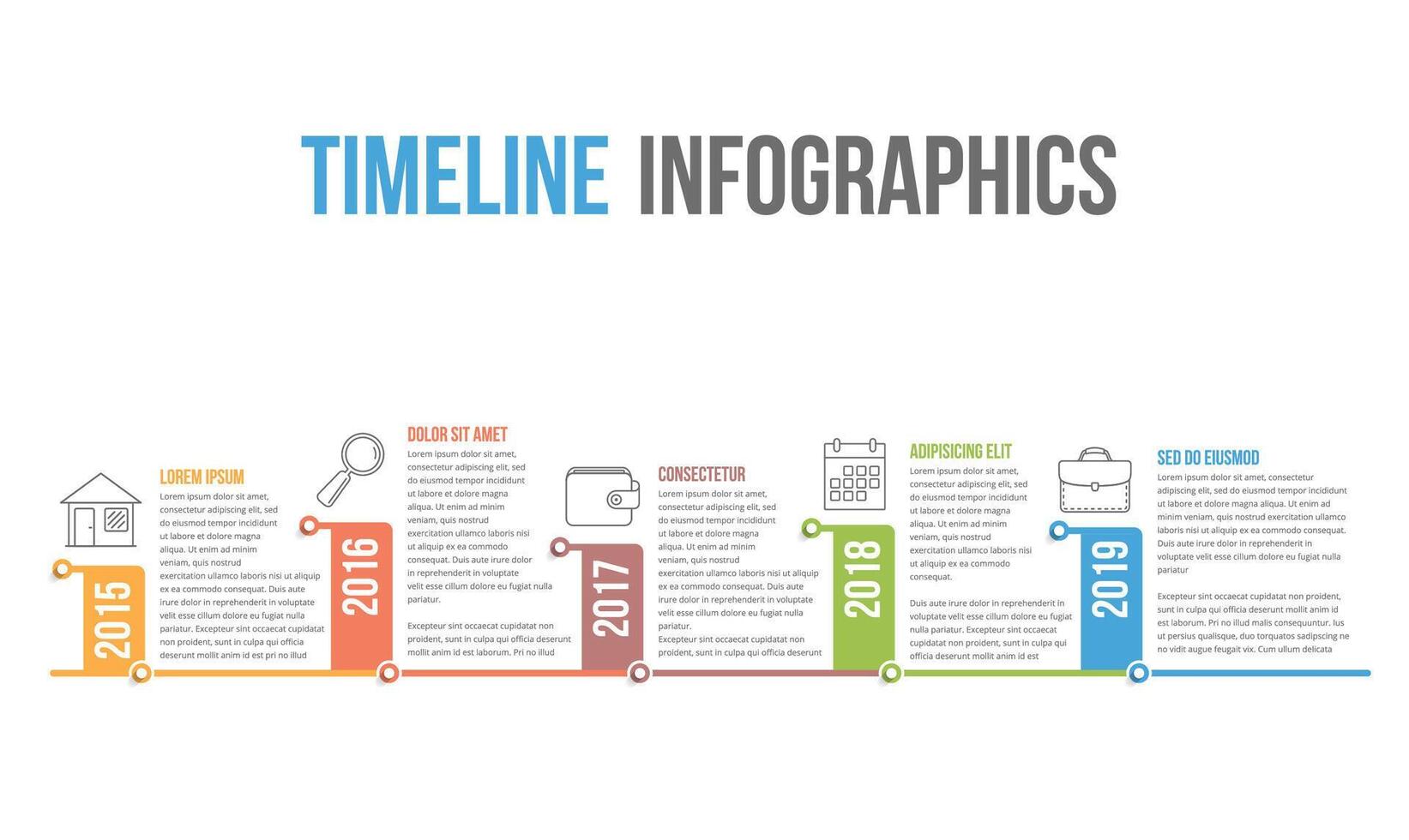 Horizontal timeline infographics template with vertical elements for dates vector