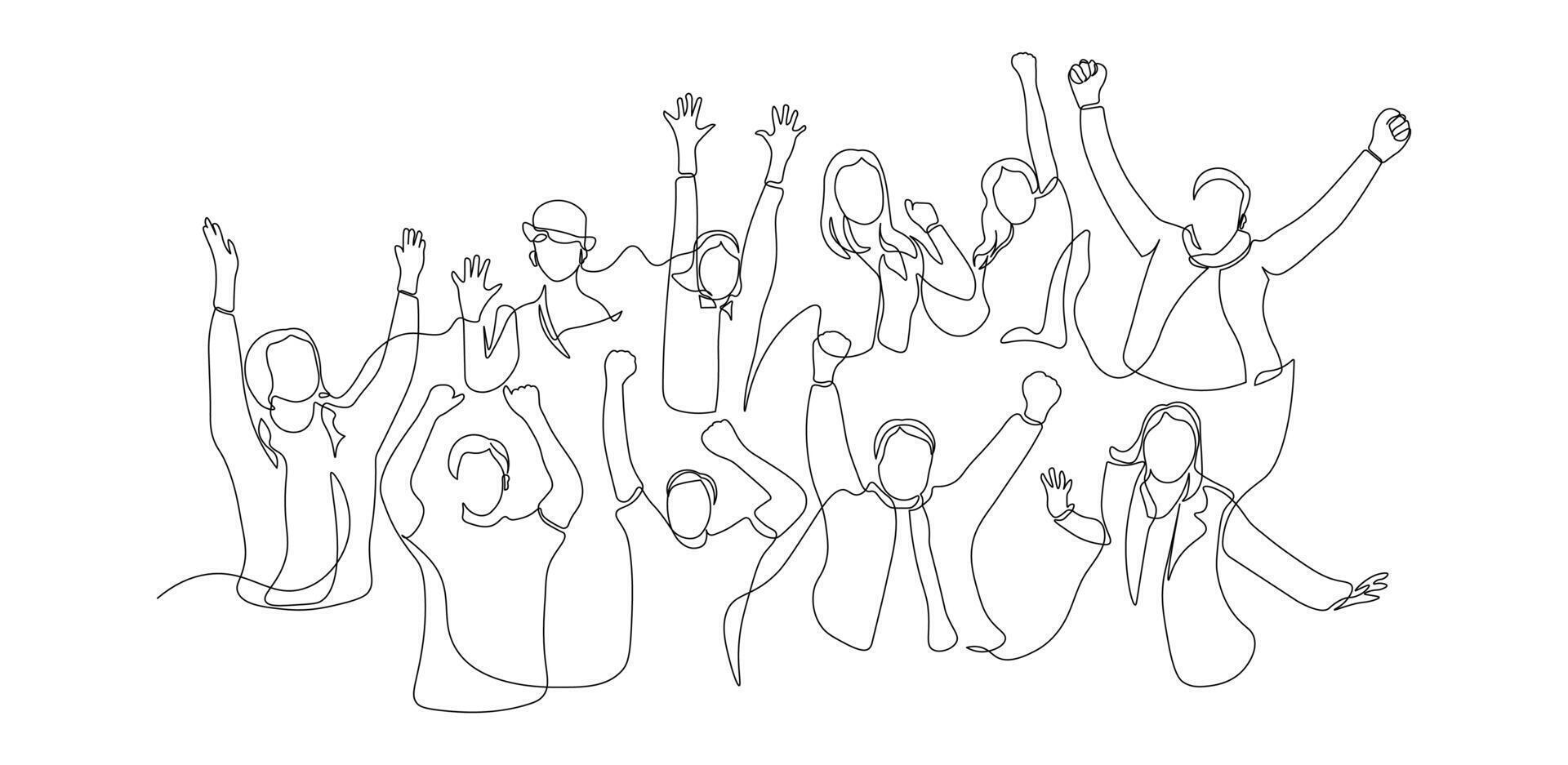 Cheerful crowd cheering illustration in one continuous line art style. Minimalist crowded people cheering linear isolated on white background. illustration vector