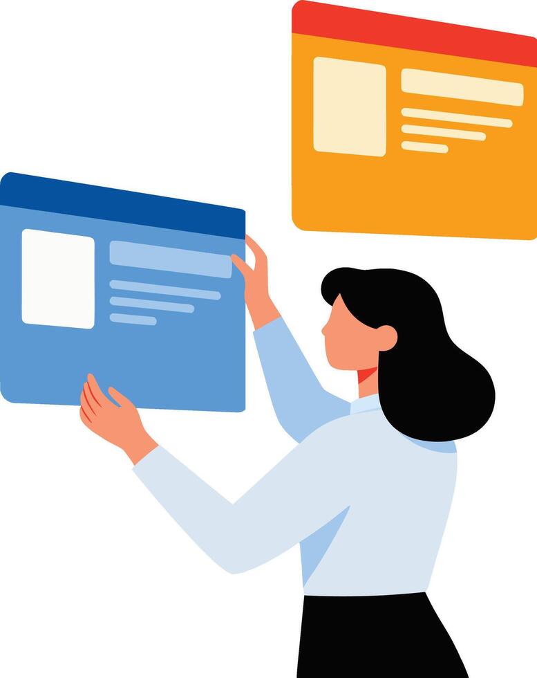 mujer trabajando en digital interfaz con web diseño elementos vector