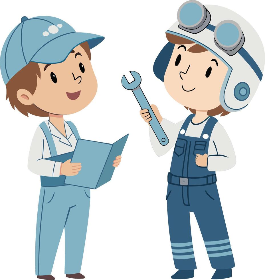 Cartoon illustration of two friendly mechanics in uniform collaborating on a repair job, one with a wrench and the other with a manual. design element 8z vector