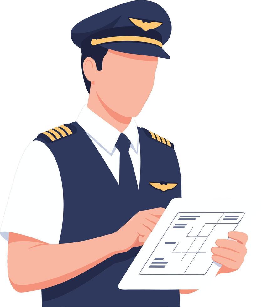 Pilot in uniform consulting a flight plan chart for aviation navigation vector