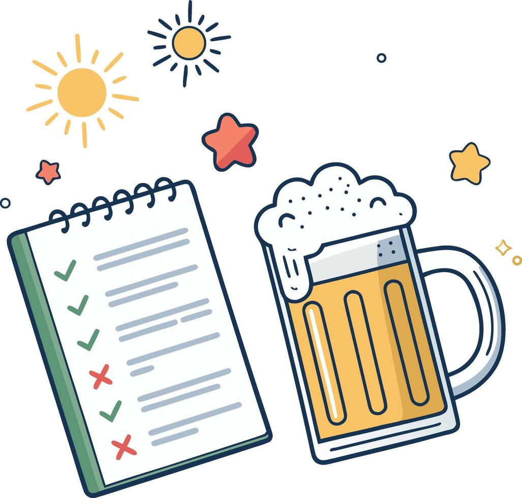 Celebrating productivity and relaxation with a frothy beer after completing a to-do list. A cheerful illustration depicting success and leisure vector