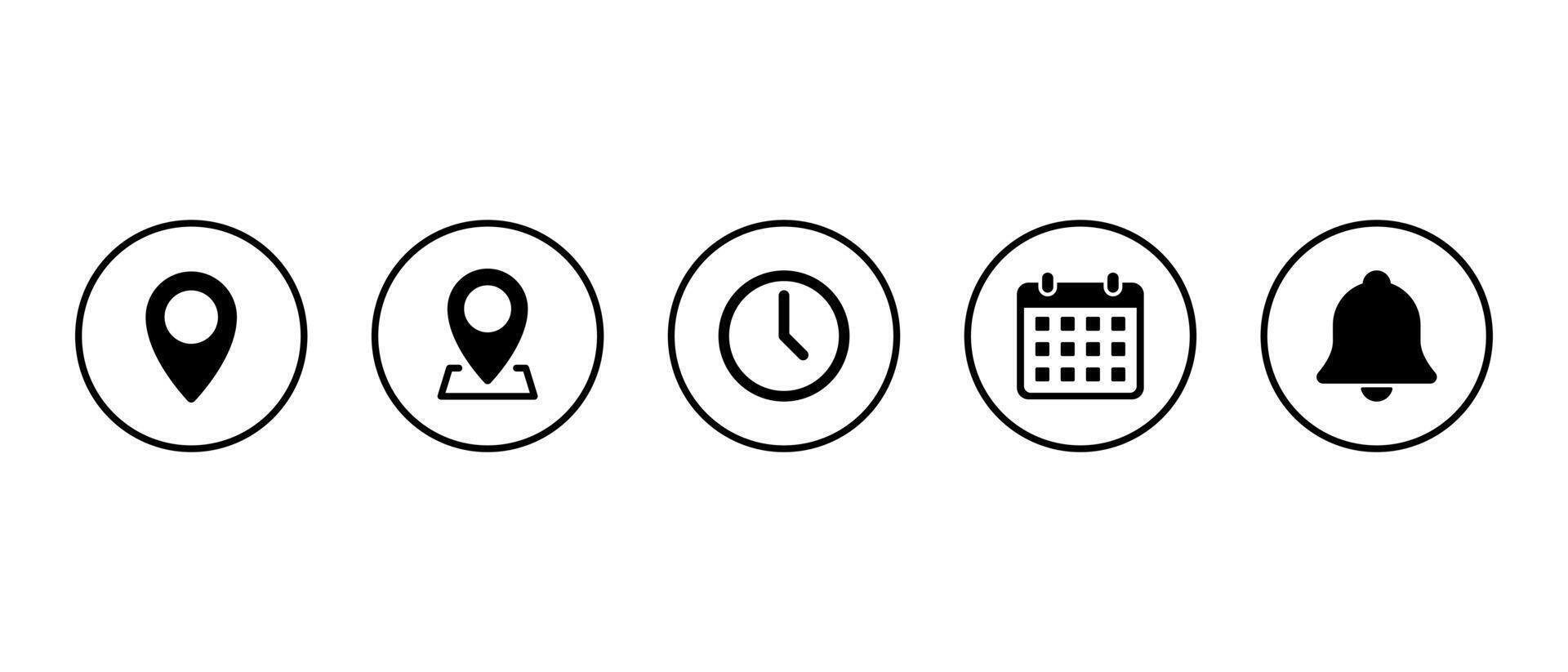 Location, map pin, time, calendar, and bell icon in circular outline. GPS pointer, place marker, clock, date, and notification symbol vector
