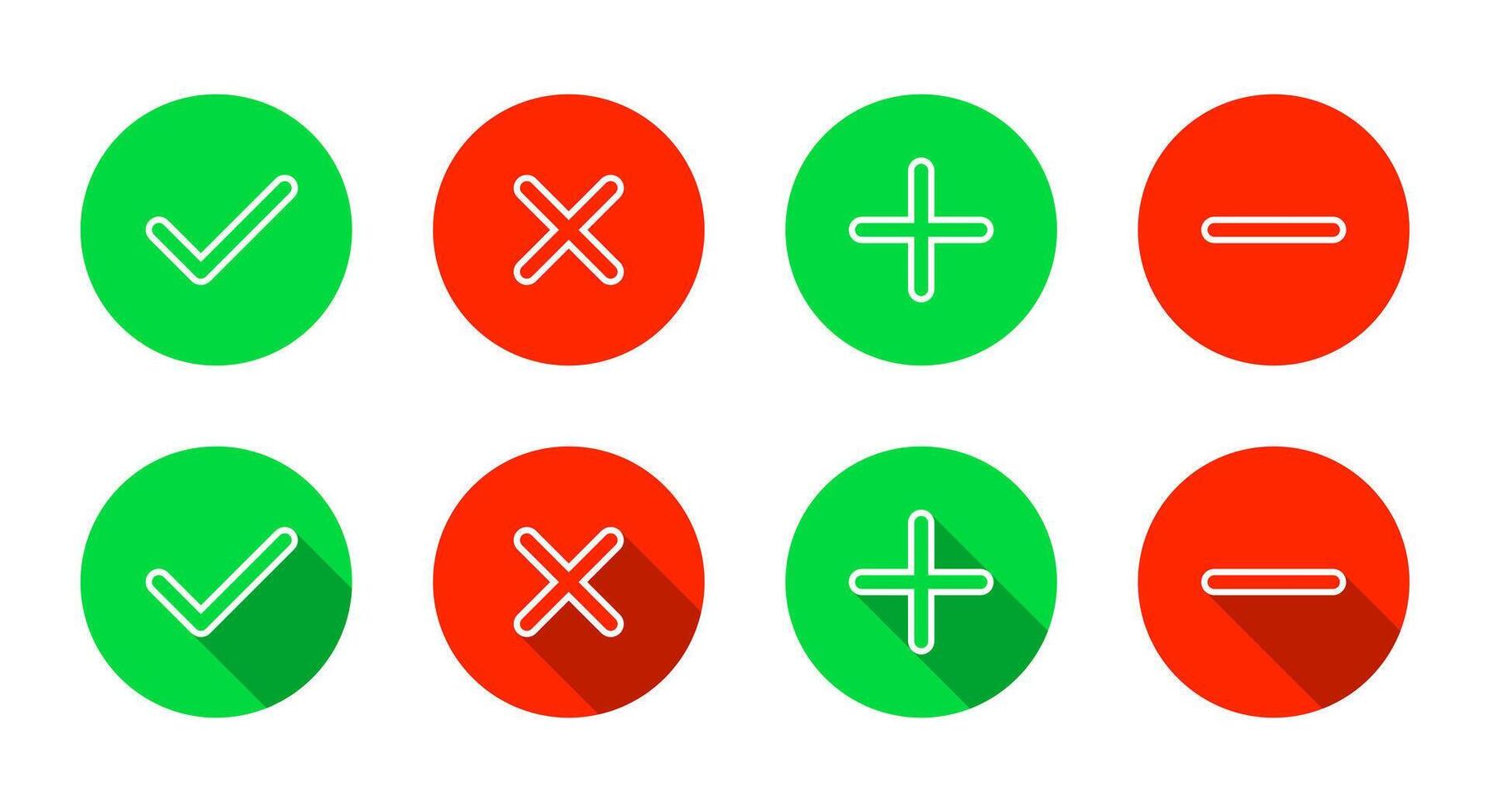 Check mark, cross, add, and remove outline icon. Checkmark, X, plus, and minus symbol with long shadow vector