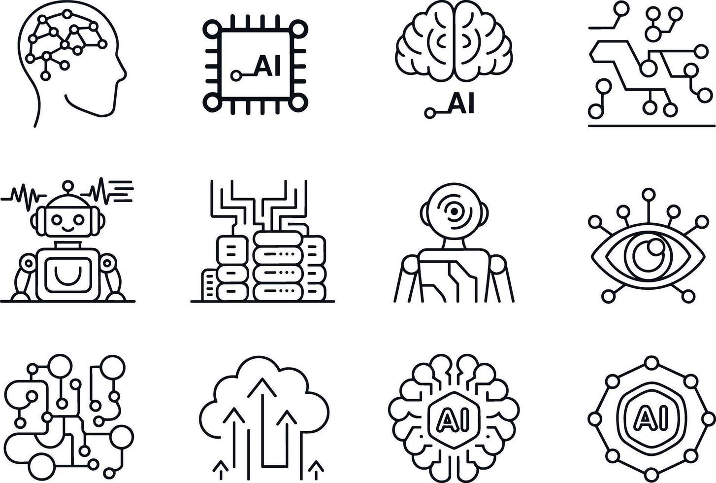 Collection of black line art icons representing artificial intelligence concepts technology vector