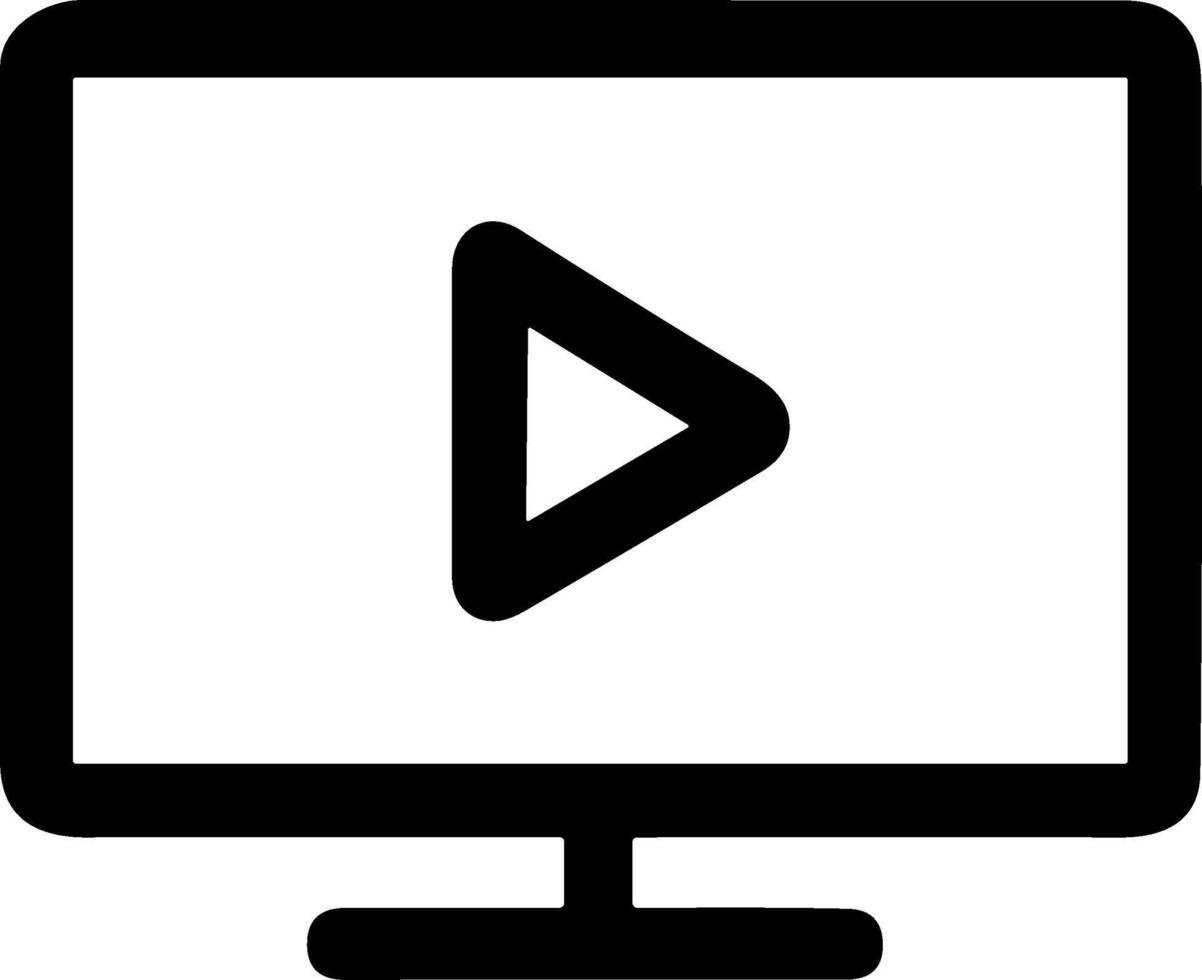 Simple black line icon of a monitor with a play button. vector