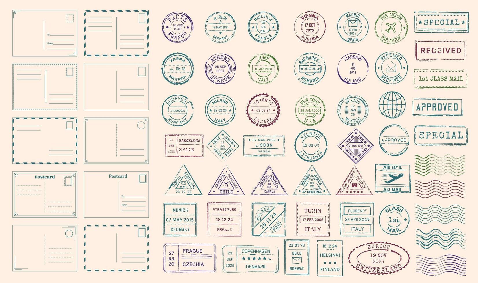 Different Types Post Stamps Frames Set. vector