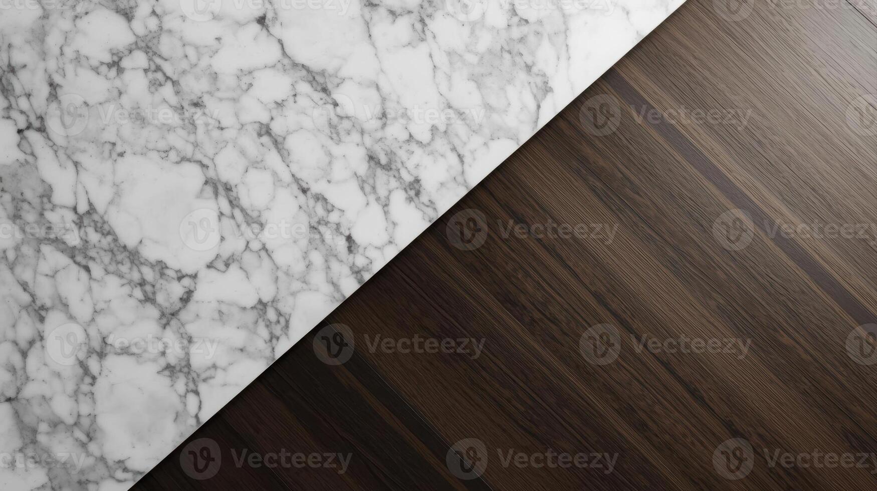 A contrasting background of white marble texture meets dark wood grain pattern diagonally creating a visually interesting and modern surface design. photo