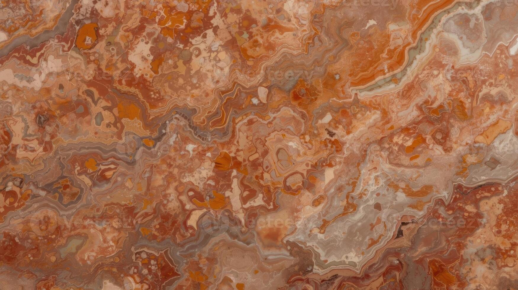 A detailed close up shows a captivating abstract pattern within polished red onyx stone with natural swirls and mineral deposits apparent. photo