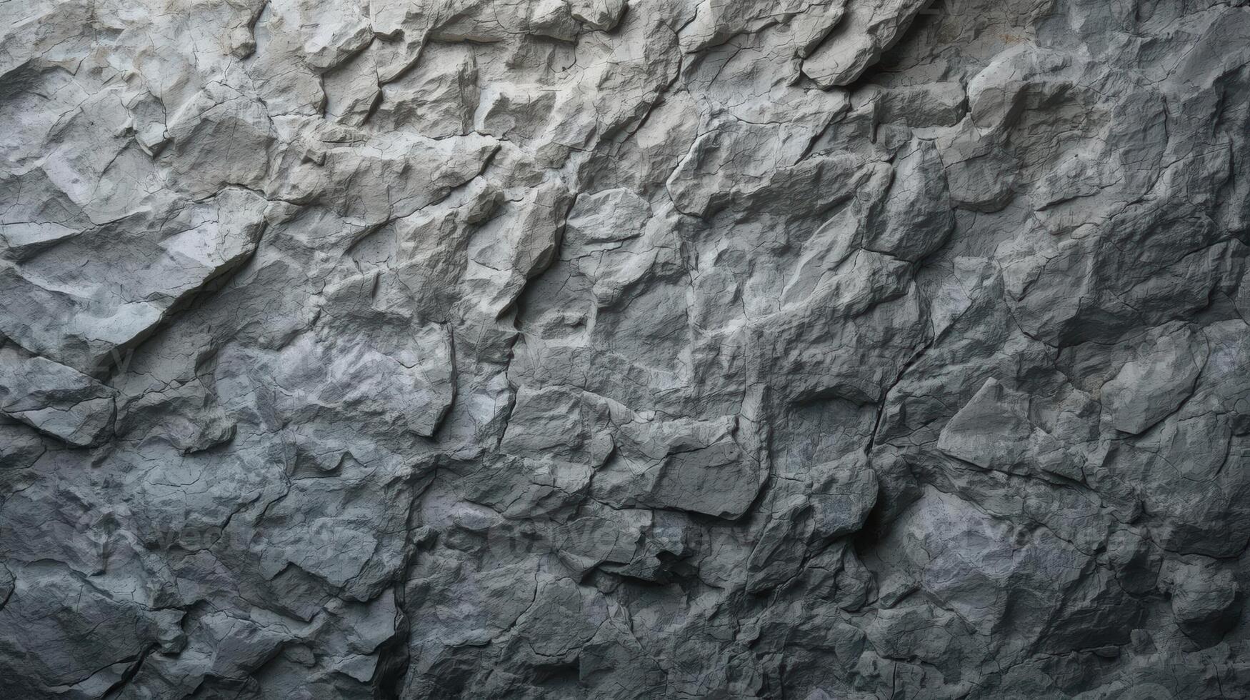 The rough surface of a grey rock wall showcases intricate details and textures creating an intriguing natural background for designs and projects. photo