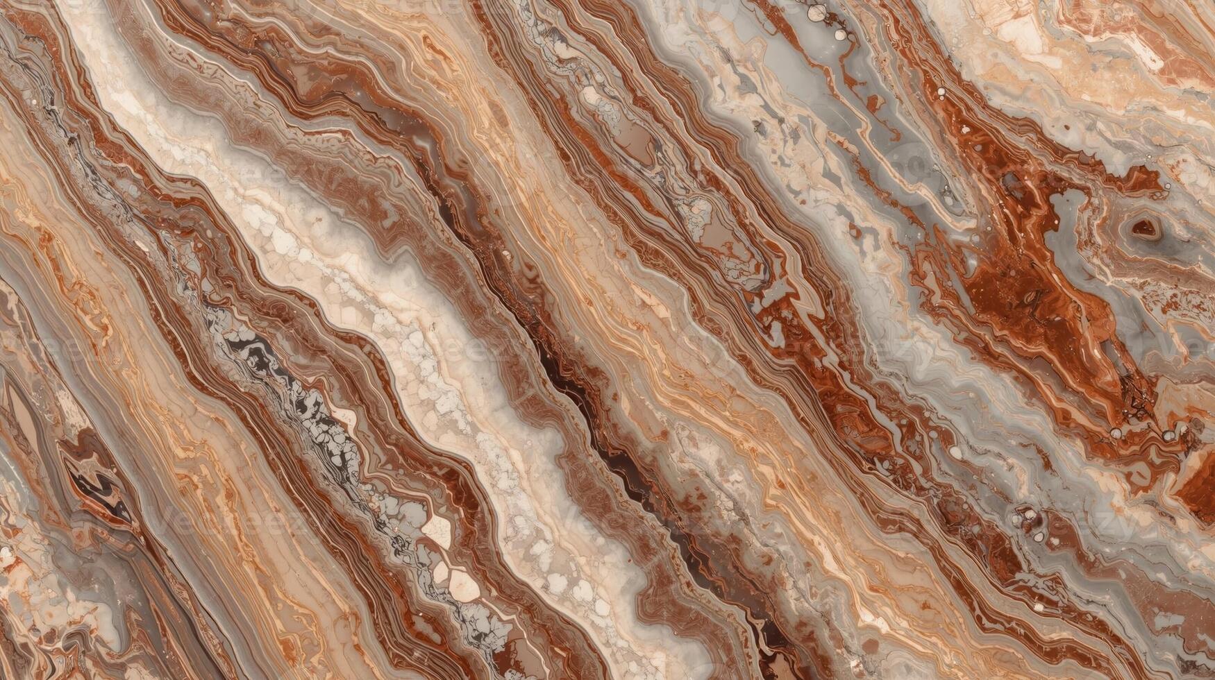 Detailed macro shot showcases the intricate patterns and earthy tones of a brown onyx stone slab with diagonal striations and natural texture. photo