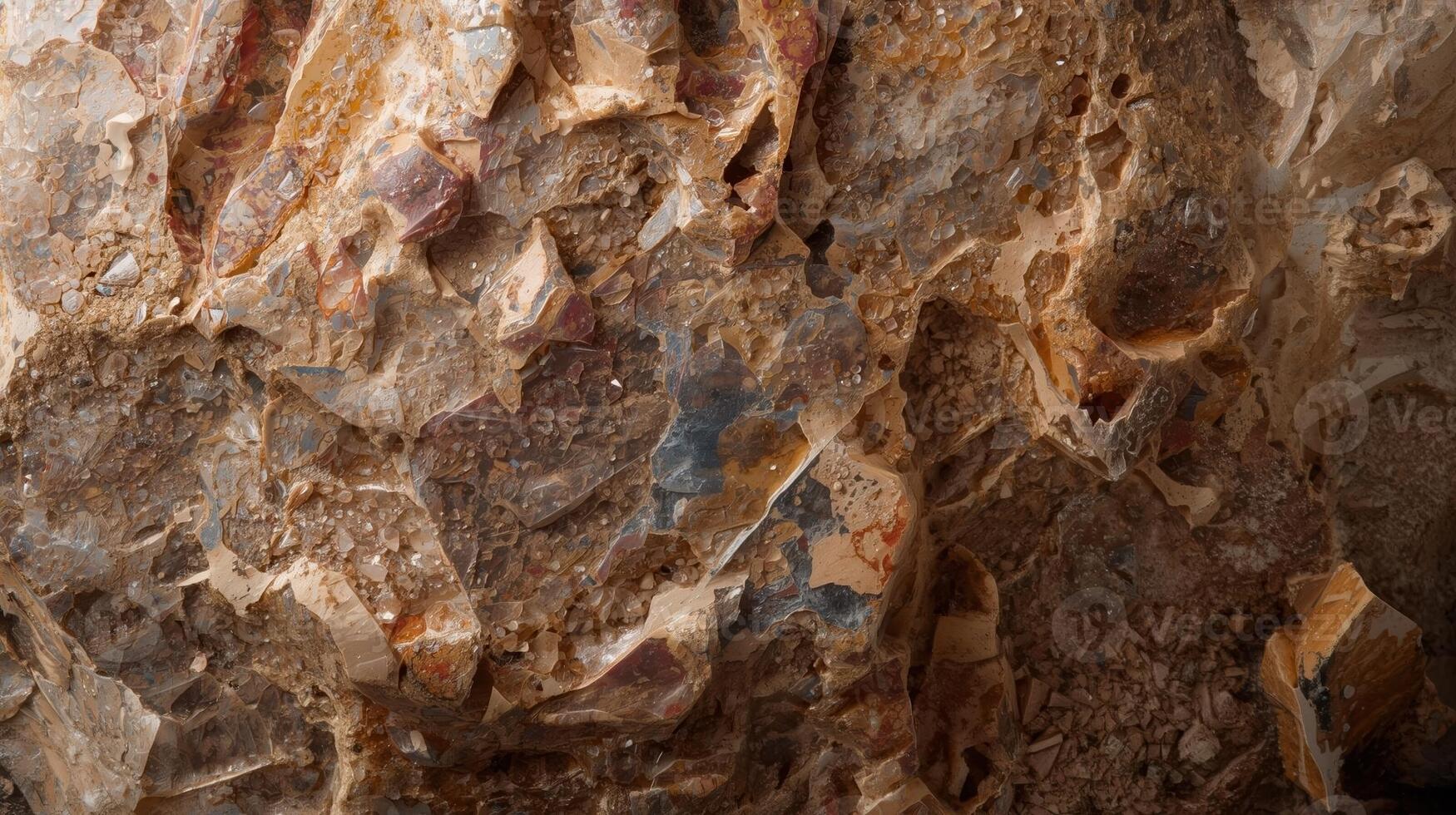 Detailed view of weathered rock surface shows varied textures and earthy tones, creating a natural abstract pattern for geological backgrounds. photo