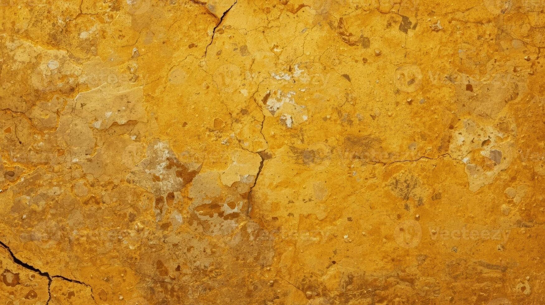 Textured yellow surface shows cracks and imperfections with stains on the old plaster wall, creating a rough and aged backdrop appearance. photo