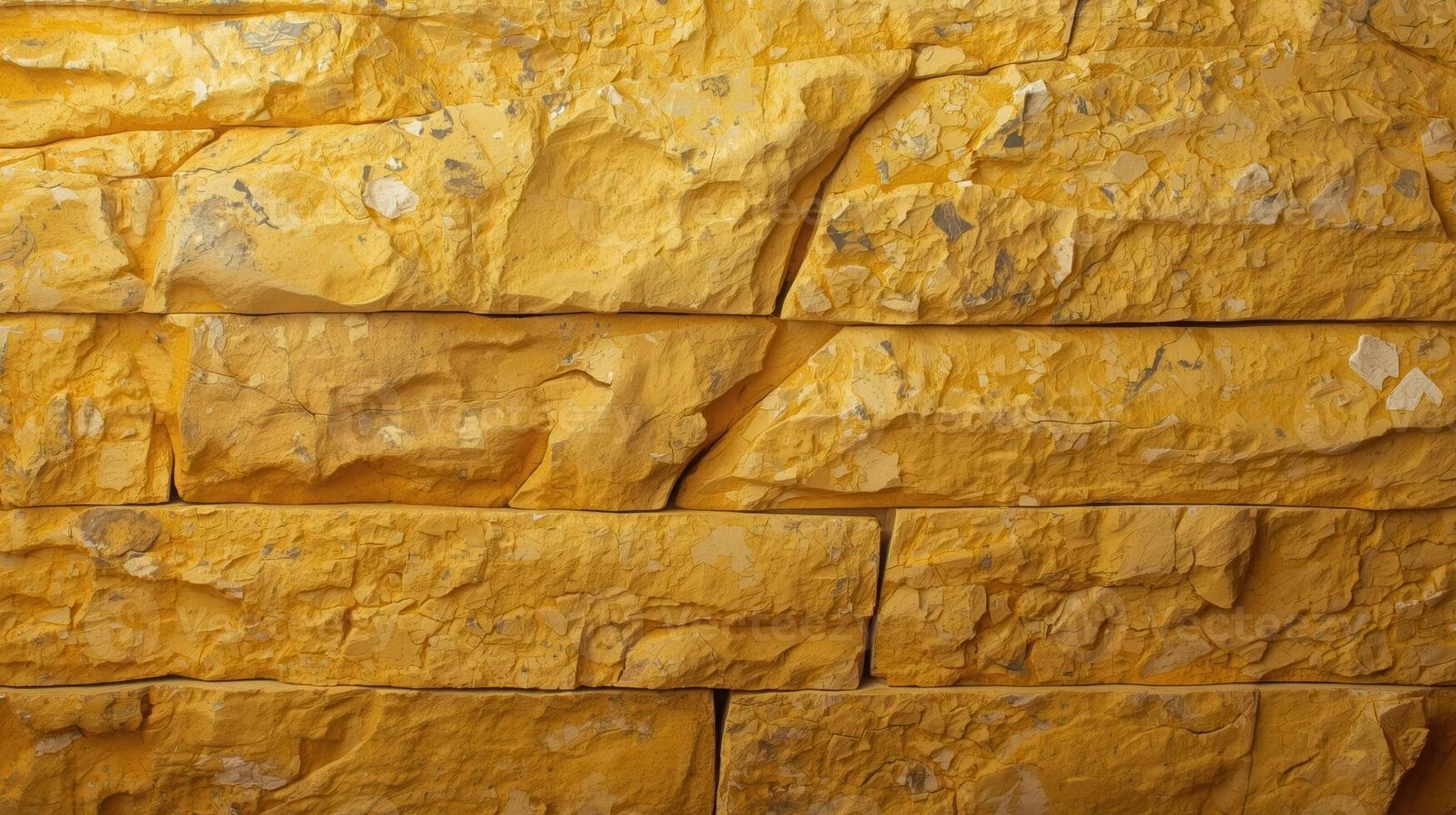 Yellow stone wall shows rustic texture and is built with bricks, perfect for adding a natural touch to your design backgrounds and patterns. photo