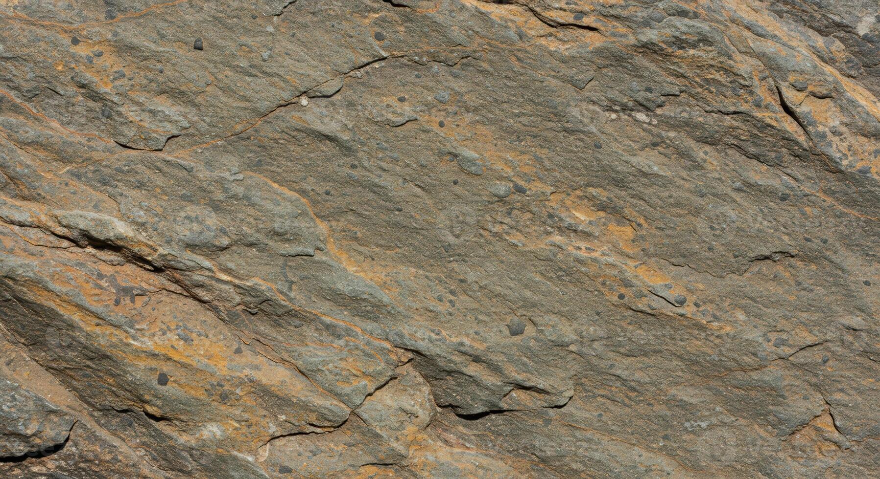The rough surface of a gray rock formation shows intricate patterns and textures created by natural weathe and geological processes. photo