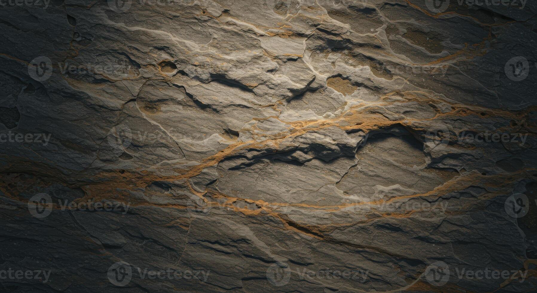 Close up texture of grey slate rock with natural patterns and golden veins running through the stone surface, creating a rugged background. photo