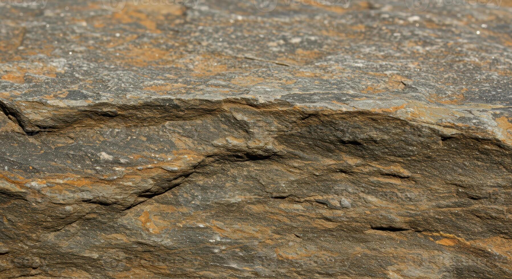 A close up shot reveals the textured surface of a large sedimentary rock with brown and gray hues displaying natural patterns and formations. photo
