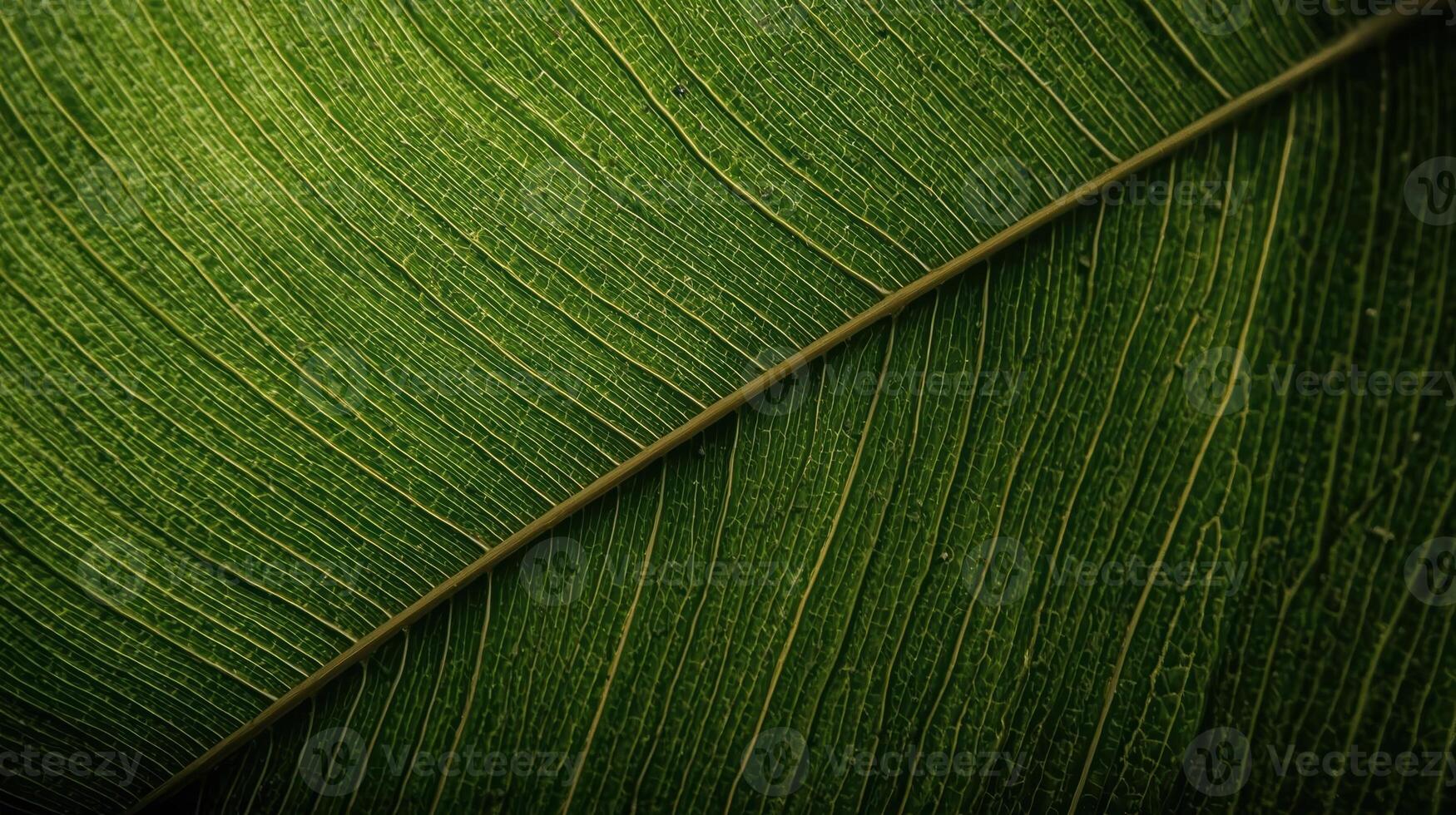The mesmerizing macro image reveals the intricate details of a vibrant green leaf, highlighting its delicate veins and textures under soft light. photo