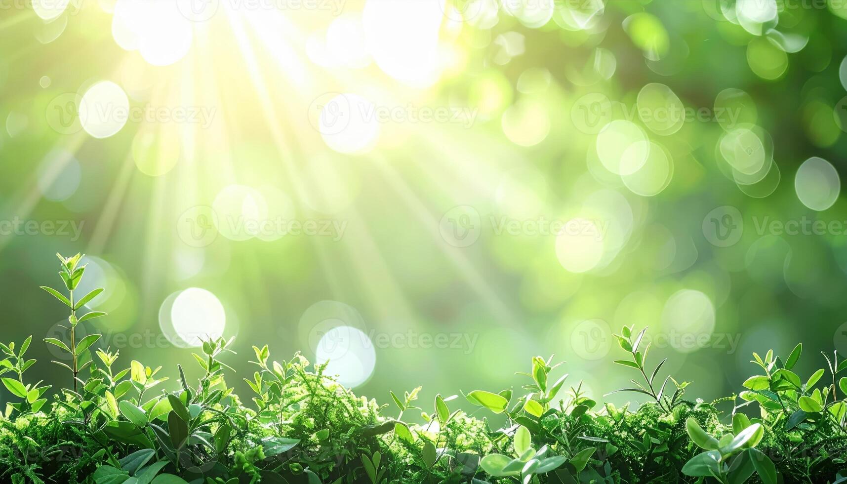 The vibrant green foliage and bokeh create an ethereal and peaceful natural scene with sunlight shining through the trees and bushes. photo