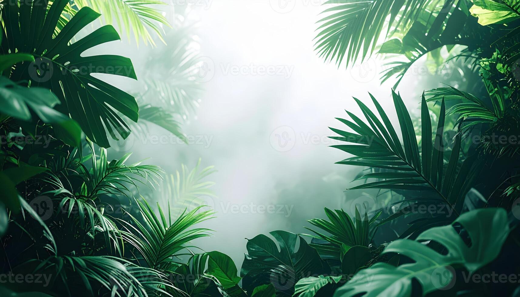 Lush green tropical foliage frames a bright misty clea creating a beautiful natural background perfect for adding text or graphics. photo