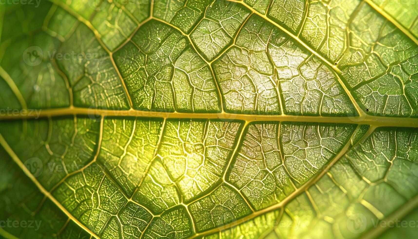 Close up captures the intricate vein patterns within a vibrant green leaf illuminated by soft sunlight, creating a natural and textured image. photo