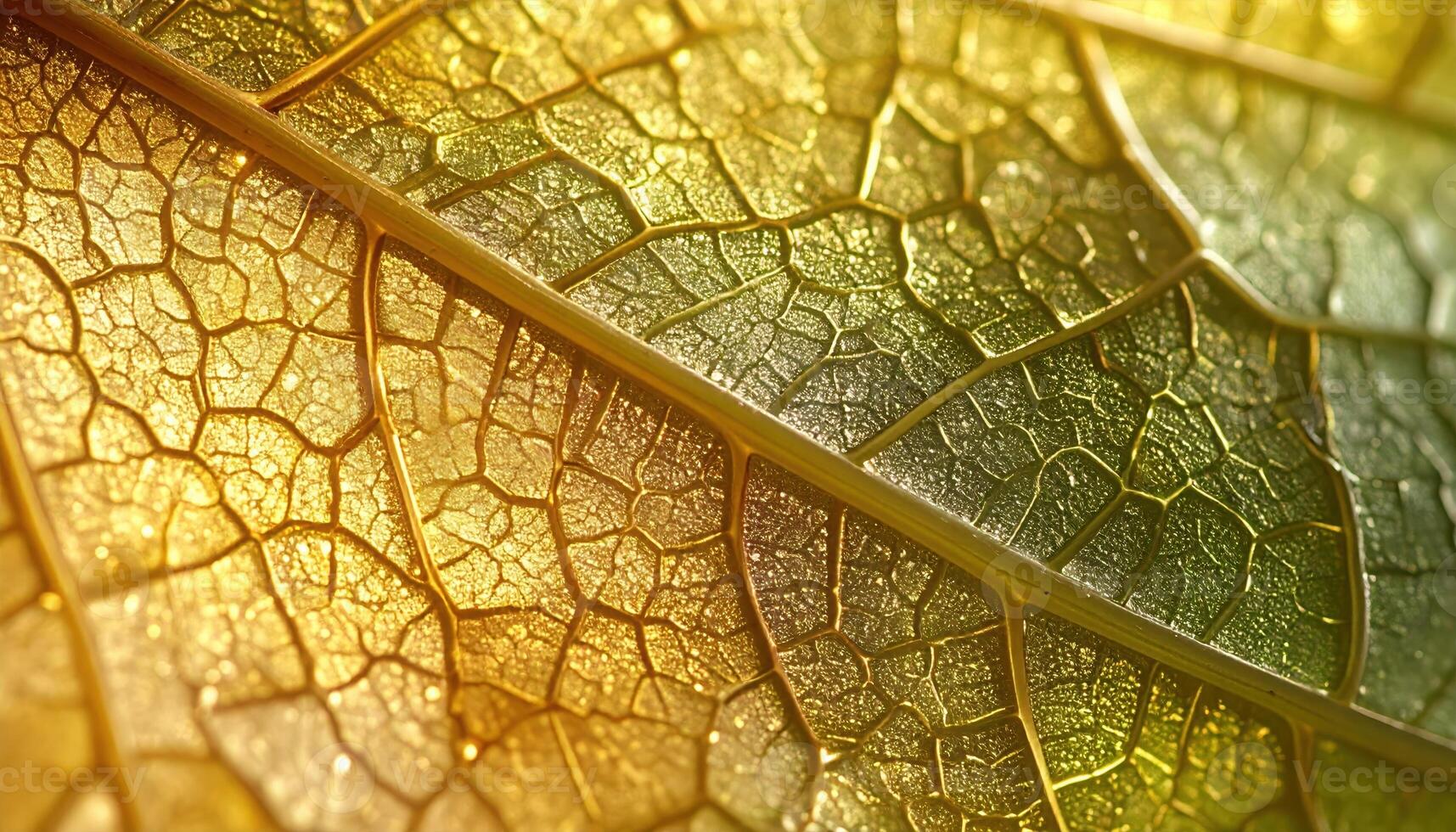 A macro shot reveals the intricate vein patterns and cellular structure of a backlit leaf illuminated by soft golden light highlighting details. photo