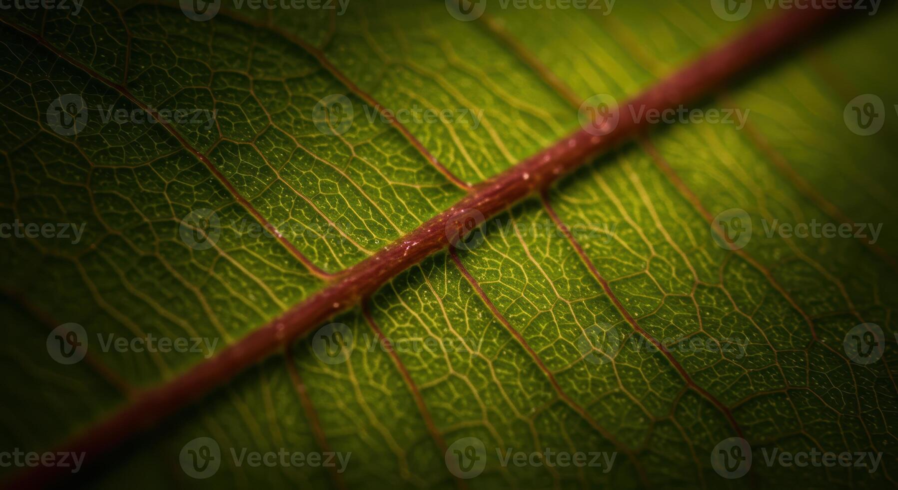 A close-up macro shot highlights the intricate details and vibrant green veins running through the surface of a fresh leaf on a branch. photo