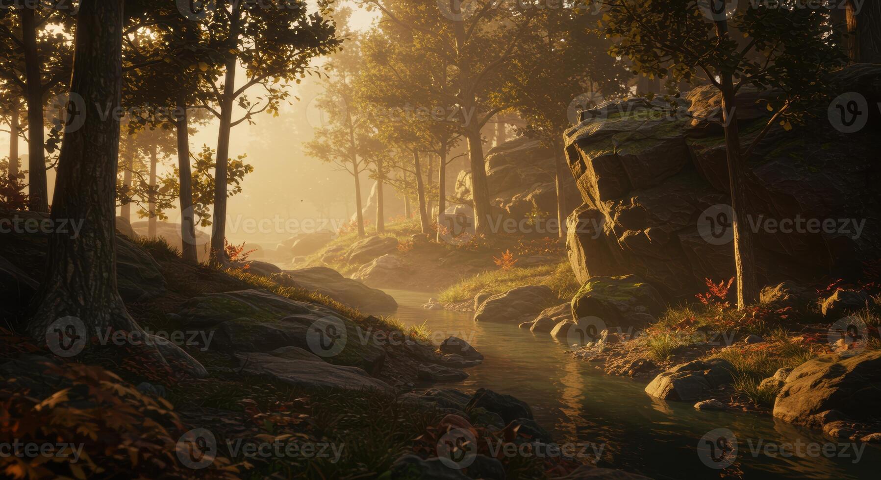 Tranquil stream flows through a lush forest with warm sunlight filte through the trees creating a serene and picturesque landscape scene. photo