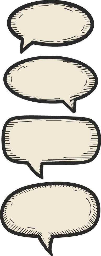 Vertical row of four hand-drawn speech bubbles in sketch style for conversation and communication design illustration vector