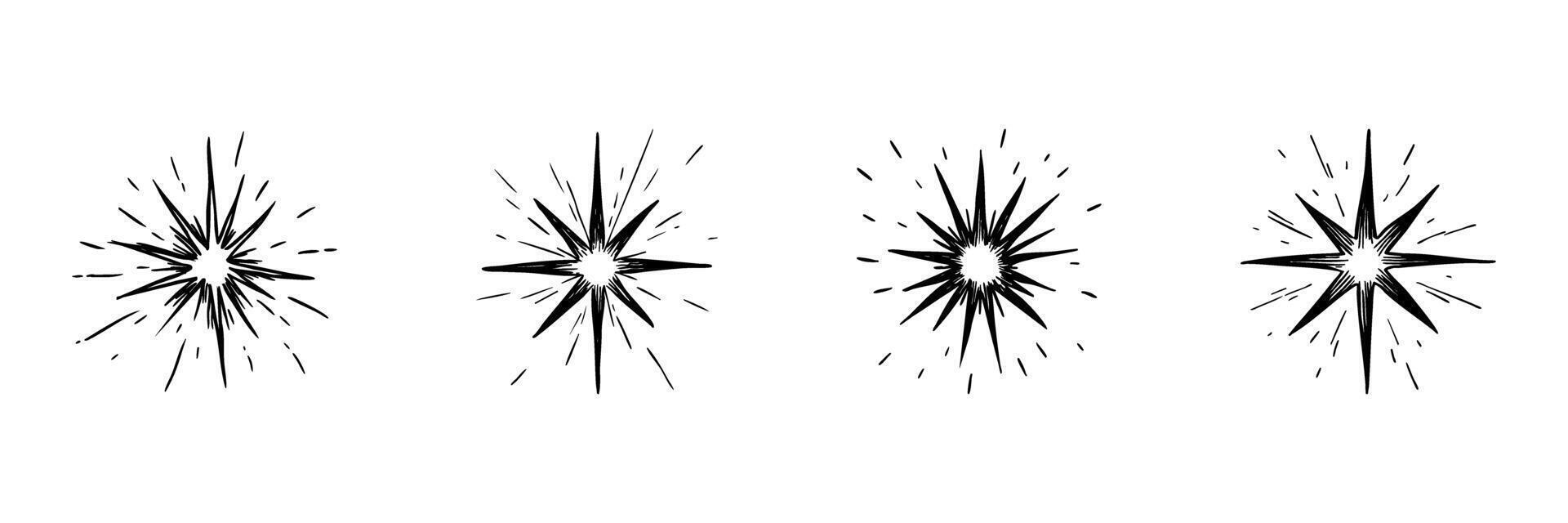 Starburst Explosion Doodle Sketch Set. Dynamic Energy Burst And Radiating Light Effects In Hand Drawn Style Collection. Abstract Decorative Elements. Isolated Illustration vector