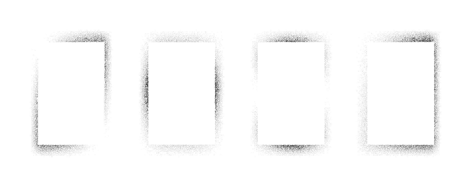 Sprayed noise frame collection. Black dotted grain rectangle border set. Black stipple gradient boarder bundle for text box, banner, poster, template. Rough spray stencil graffiti effect frames vector
